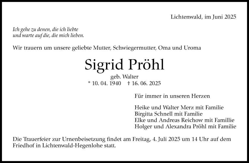  Traueranzeige für Sigrid Pröhl vom 21.06.2025 aus Eßlinger Zeitung