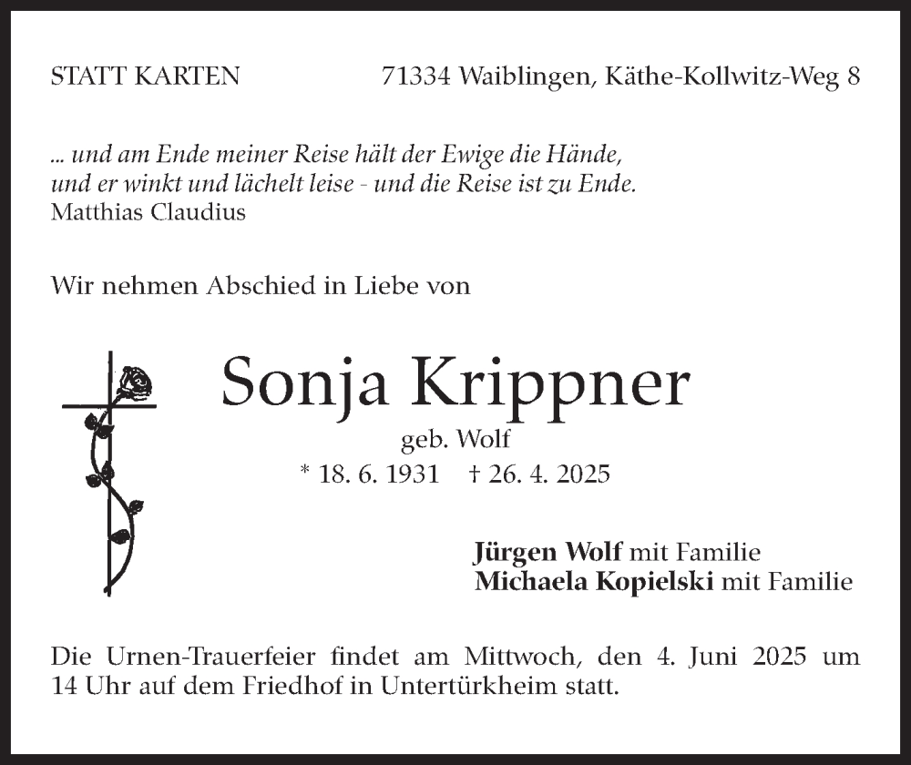  Traueranzeige für Sonja Krippner vom 31.05.2025 aus Eßlinger Zeitung