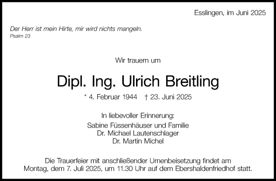 Traueranzeige von Ulrich Breitling von Eßlinger Zeitung