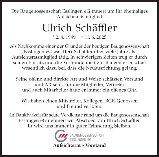 Traueranzeige von Ulrich Schäffler von Eßlinger Zeitung