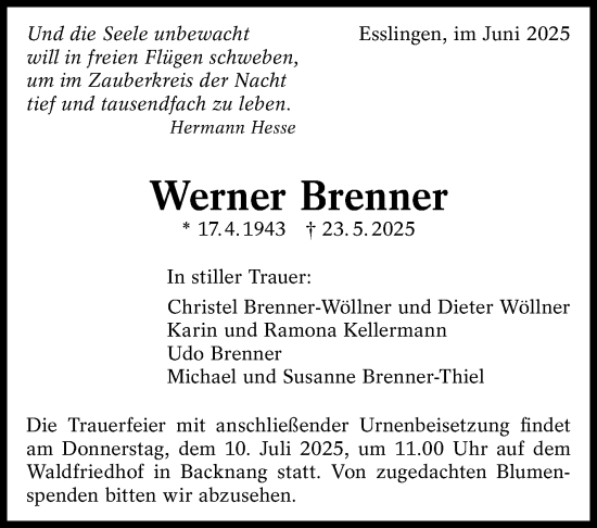 Traueranzeige von Werner Brenner von Eßlinger Zeitung