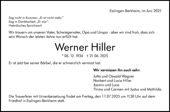 Traueranzeige von Werner Hiller von Eßlinger Zeitung