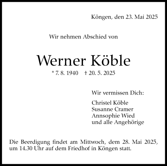 Traueranzeige von Werner Köble von Eßlinger Zeitung