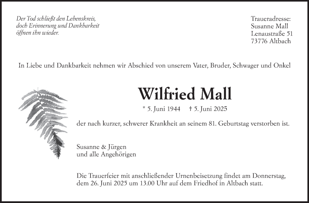  Traueranzeige für Wilfried Mall vom 21.06.2025 aus Eßlinger Zeitung