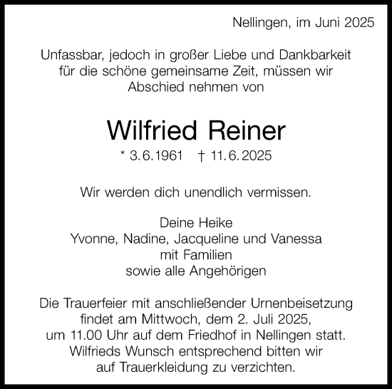 Traueranzeige von Wilfried Reiner von Eßlinger Zeitung