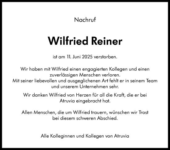 Traueranzeige von Wilfried Reiner von Eßlinger Zeitung