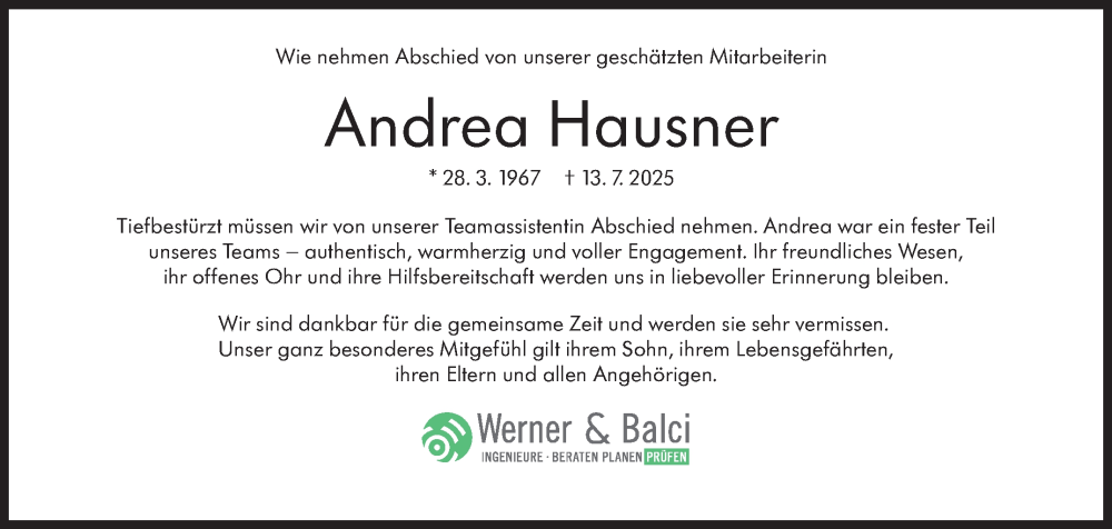  Traueranzeige für Andrea Hausner vom 28.07.2025 aus Eßlinger Zeitung