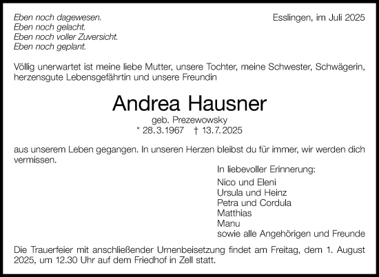 Traueranzeige von Andrea Hausner von Eßlinger Zeitung