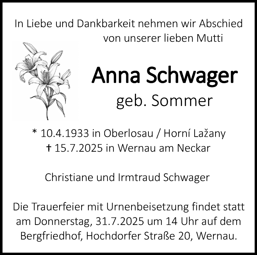  Traueranzeige für Anna Schwager vom 26.07.2025 aus Eßlinger Zeitung