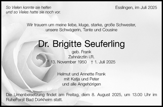 Traueranzeige von Brigitte Seuferling von Eßlinger Zeitung