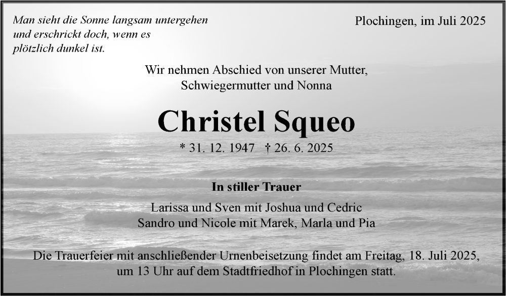  Traueranzeige für Christel Squeo vom 12.07.2025 aus Eßlinger Zeitung