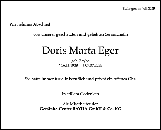 Traueranzeige von Doris Marta Eger von Eßlinger Zeitung