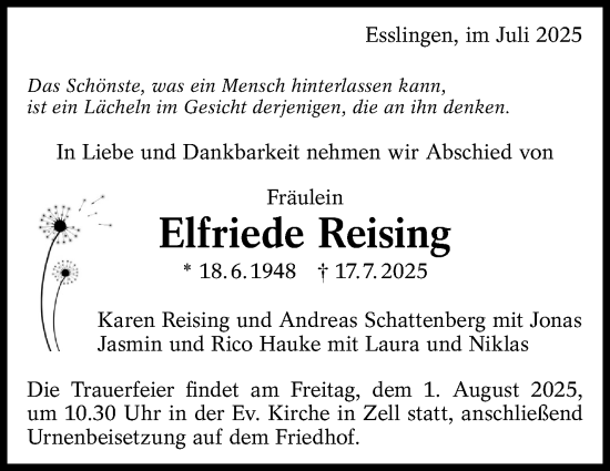 Traueranzeige von Elfriede Reising von Eßlinger Zeitung