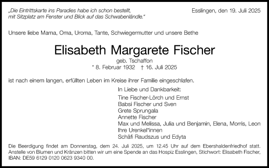 Traueranzeige von Elisabeth Margarete Fischer von Eßlinger Zeitung