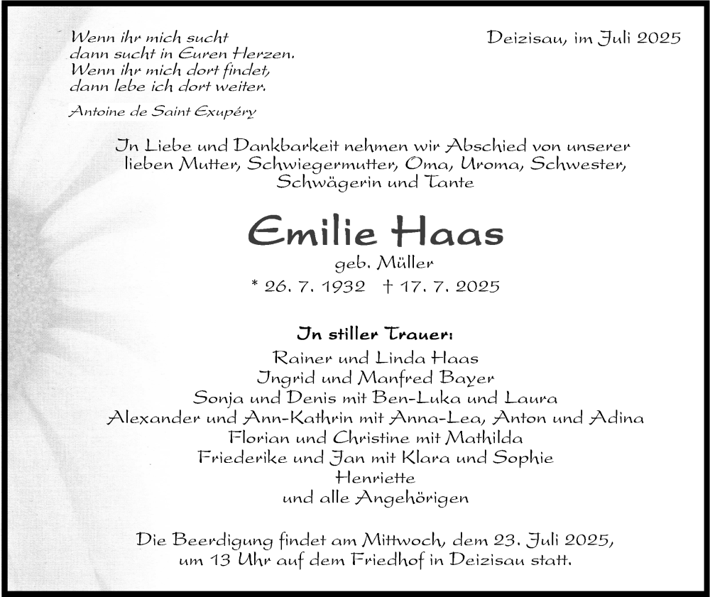  Traueranzeige für Emilie Haas vom 21.07.2025 aus Eßlinger Zeitung