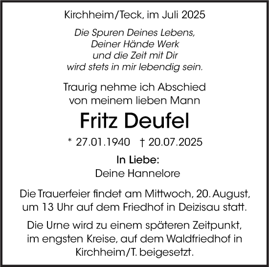 Traueranzeige von Fritz Deufel von Eßlinger Zeitung