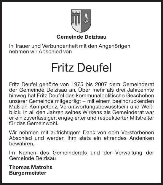 Traueranzeige von Fritz Deufel von Eßlinger Zeitung