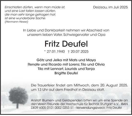 Traueranzeige von Fritz Deufel von Eßlinger Zeitung