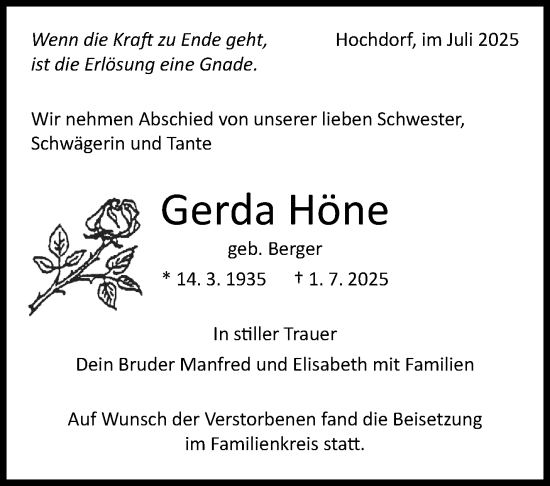 Traueranzeige von Gerda Höne von Eßlinger Zeitung