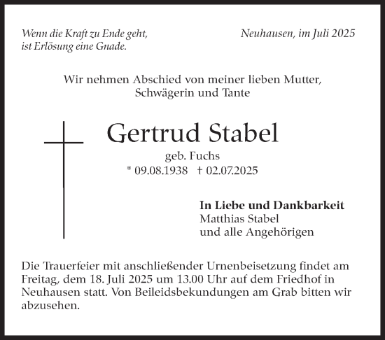 Traueranzeige von Gertrud Stabel von Eßlinger Zeitung