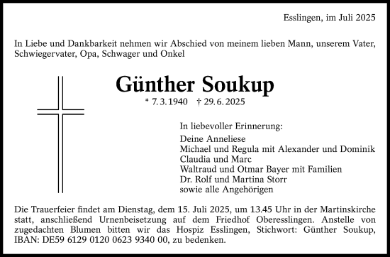 Traueranzeige von Günther Soukup von Eßlinger Zeitung