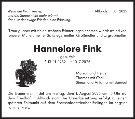 Traueranzeige von Hannelore Fink von Eßlinger Zeitung