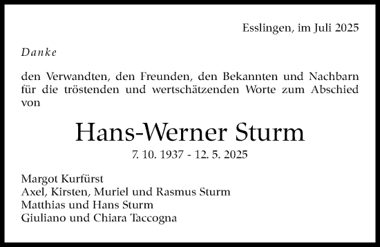 Traueranzeige von Hans-Werner Sturm von Eßlinger Zeitung