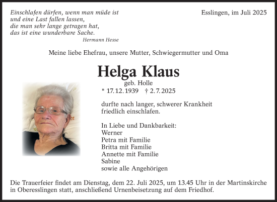Traueranzeige von Helga Klaus von Eßlinger Zeitung