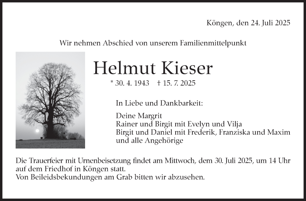  Traueranzeige für Helmut Kieser vom 24.07.2025 aus Eßlinger Zeitung