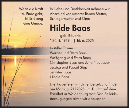 Traueranzeige von Hilde Baas von Eßlinger Zeitung