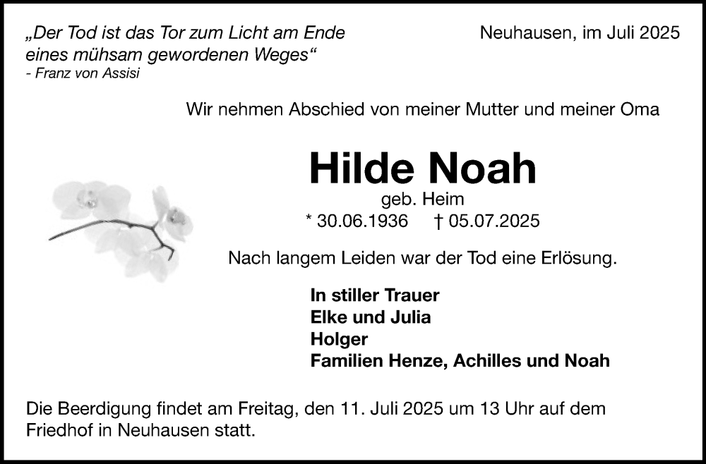 Traueranzeige für Hilde Noah vom 09.07.2025 aus Eßlinger Zeitung