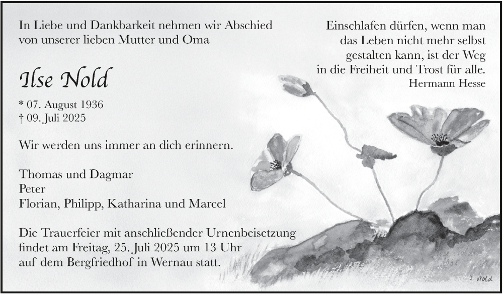  Traueranzeige für Ilse Nold vom 19.07.2025 aus Eßlinger Zeitung