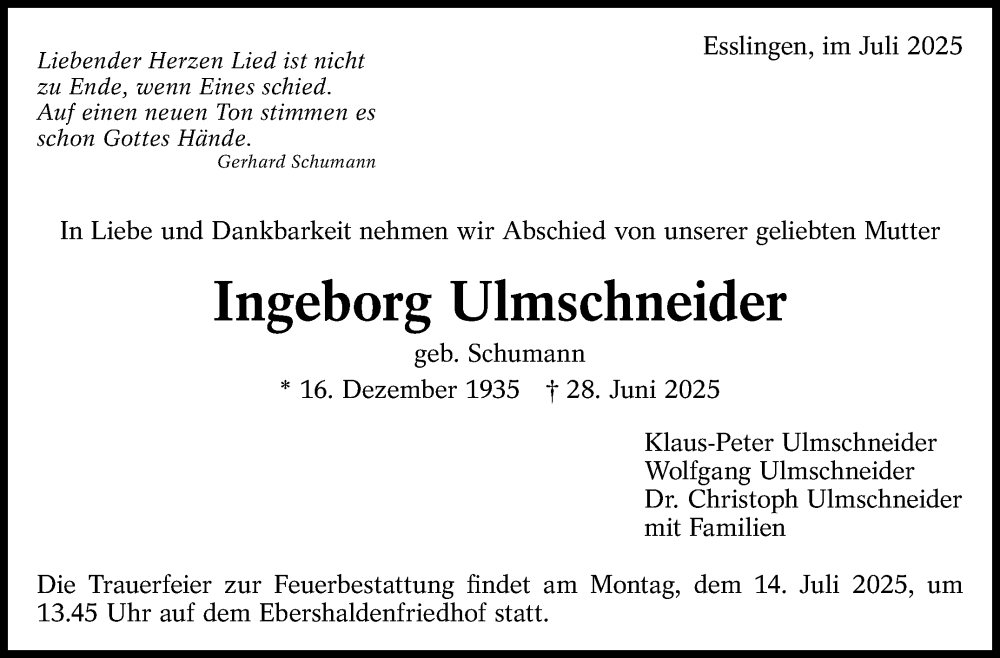  Traueranzeige für Ingeborg Ulmschneider vom 05.07.2025 aus Eßlinger Zeitung