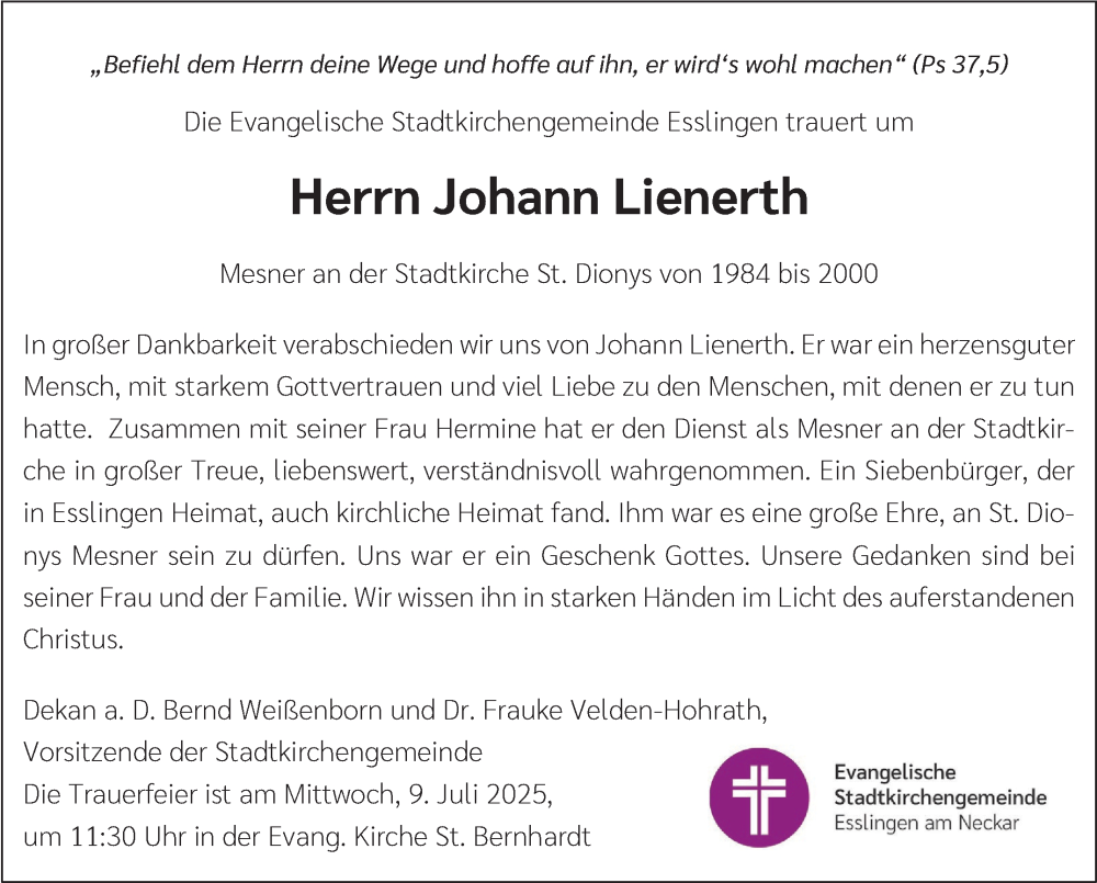  Traueranzeige für Johann Lienerth vom 05.07.2025 aus Eßlinger Zeitung