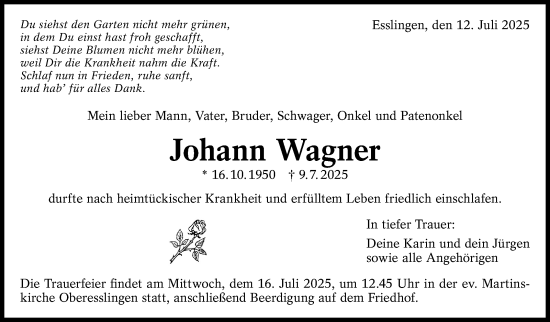Traueranzeige von Johann Wagner von Eßlinger Zeitung