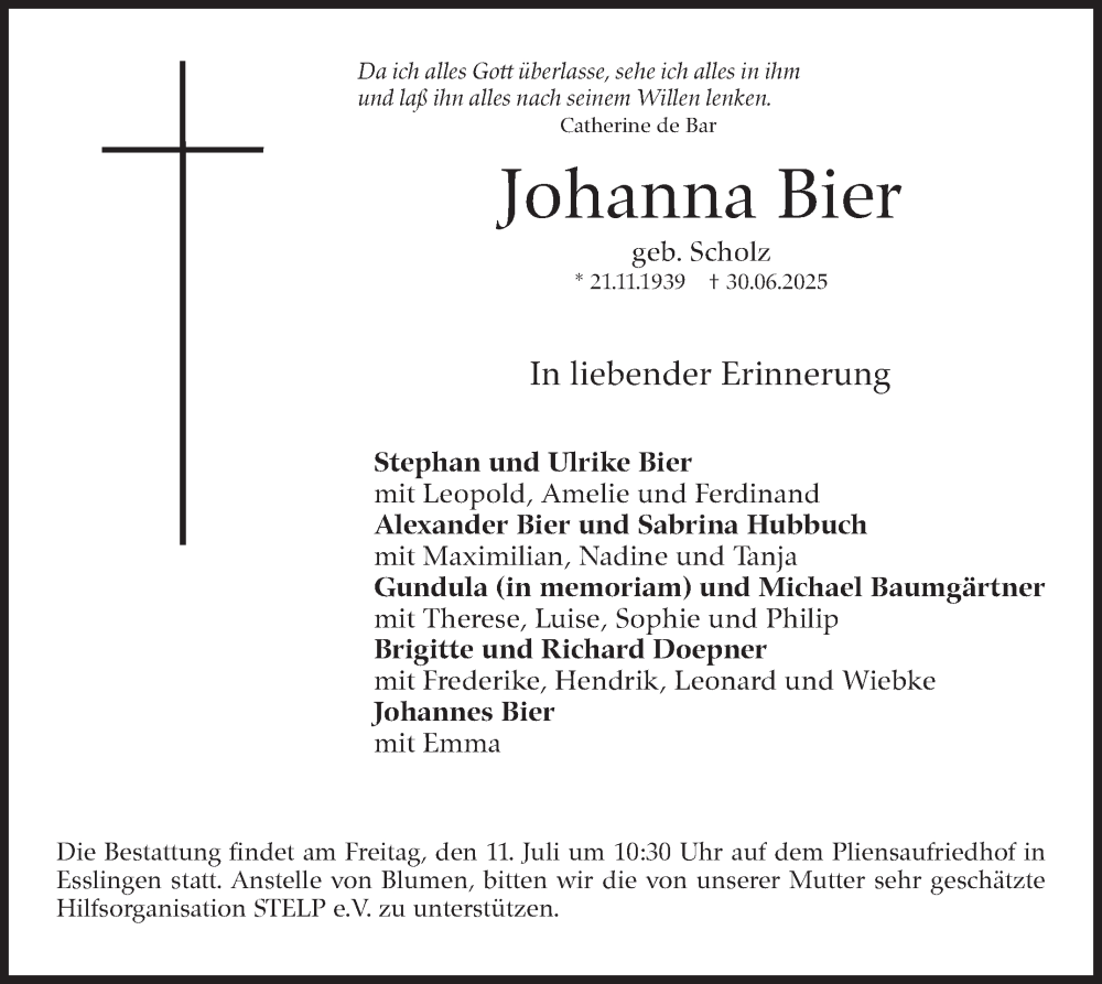  Traueranzeige für Johanna Bier vom 05.07.2025 aus Eßlinger Zeitung