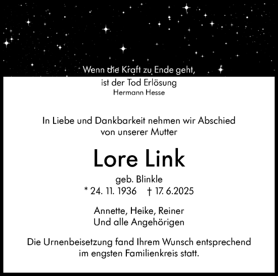 Traueranzeige von Lore Link von Eßlinger Zeitung