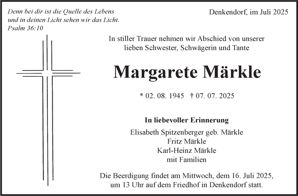  Traueranzeige für Margarete Märkle vom 12.07.2025 aus Eßlinger Zeitung