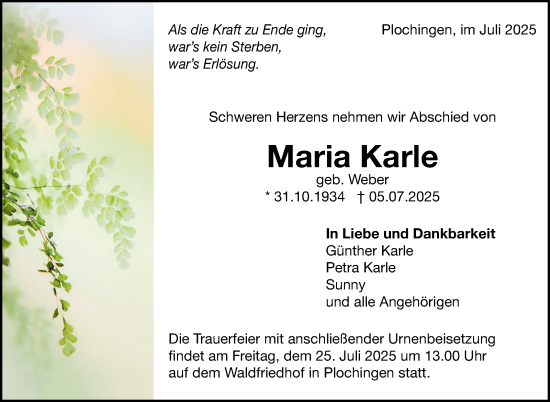 Traueranzeige von Maria Karle von Eßlinger Zeitung