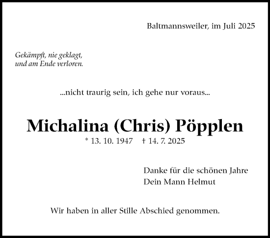Traueranzeige von Michalina Pöpplen von Eßlinger Zeitung