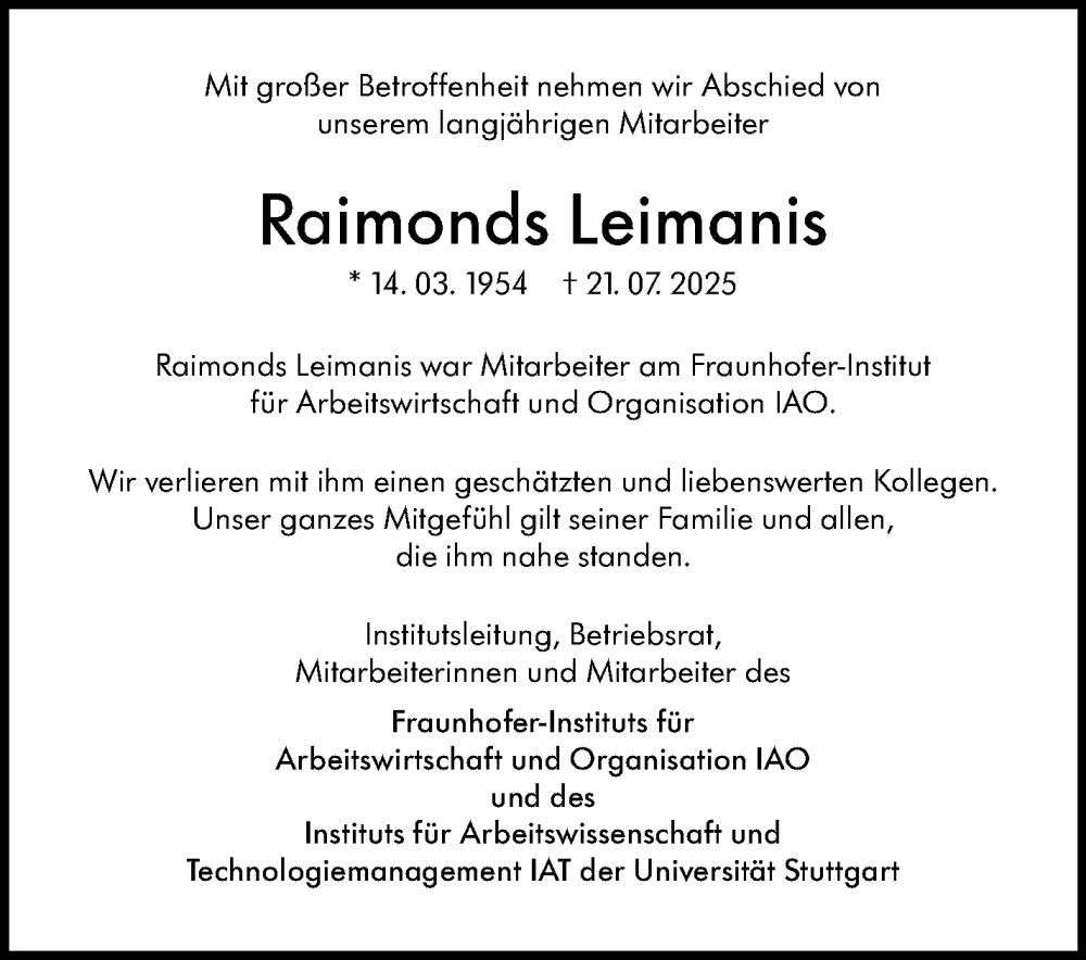 Traueranzeige für Raimonds Leimanis vom 26.07.2025 aus Eßlinger Zeitung