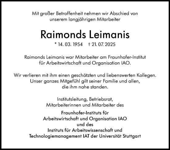 Traueranzeige von Raimonds Leimanis von Eßlinger Zeitung