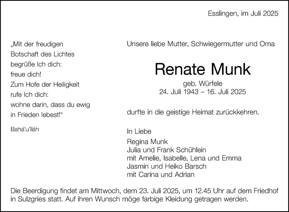  Traueranzeige für Renate Munk vom 19.07.2025 aus Eßlinger Zeitung