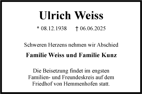 Traueranzeige von Ulrich Weiss von Eßlinger Zeitung