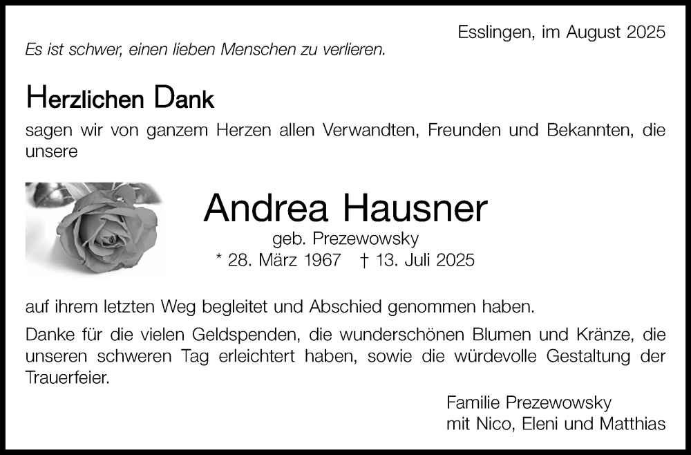  Traueranzeige für Andrea Hausner vom 09.08.2025 aus Eßlinger Zeitung