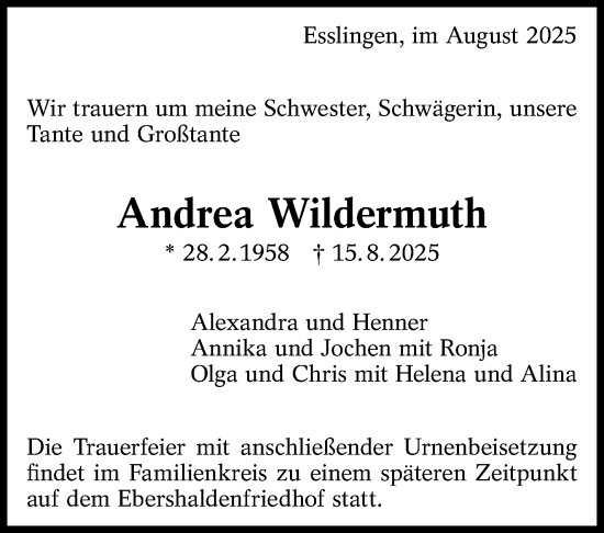 Traueranzeige von Andrea Wildermuth von Eßlinger Zeitung