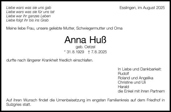 Traueranzeige von Anna Huß von Eßlinger Zeitung