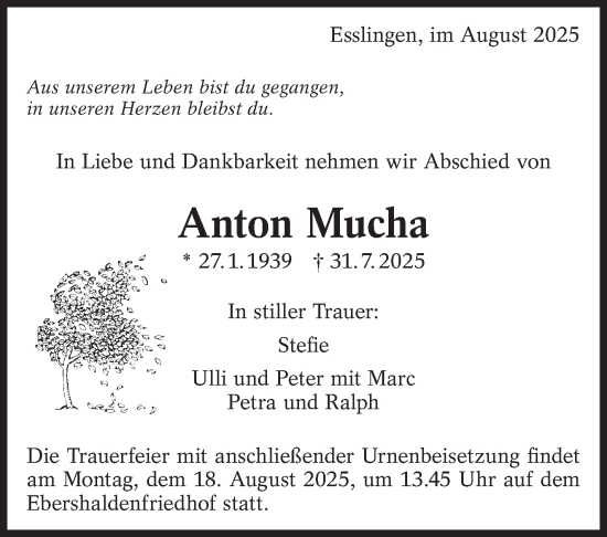 Traueranzeige von Anton Mucha von Eßlinger Zeitung