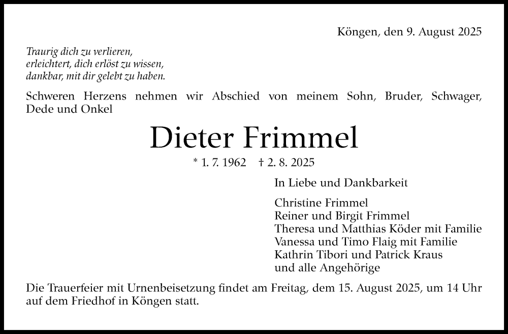  Traueranzeige für Dieter Frimmel vom 09.08.2025 aus Eßlinger Zeitung