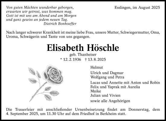 Traueranzeige von Elisabeth Höschle von Eßlinger Zeitung